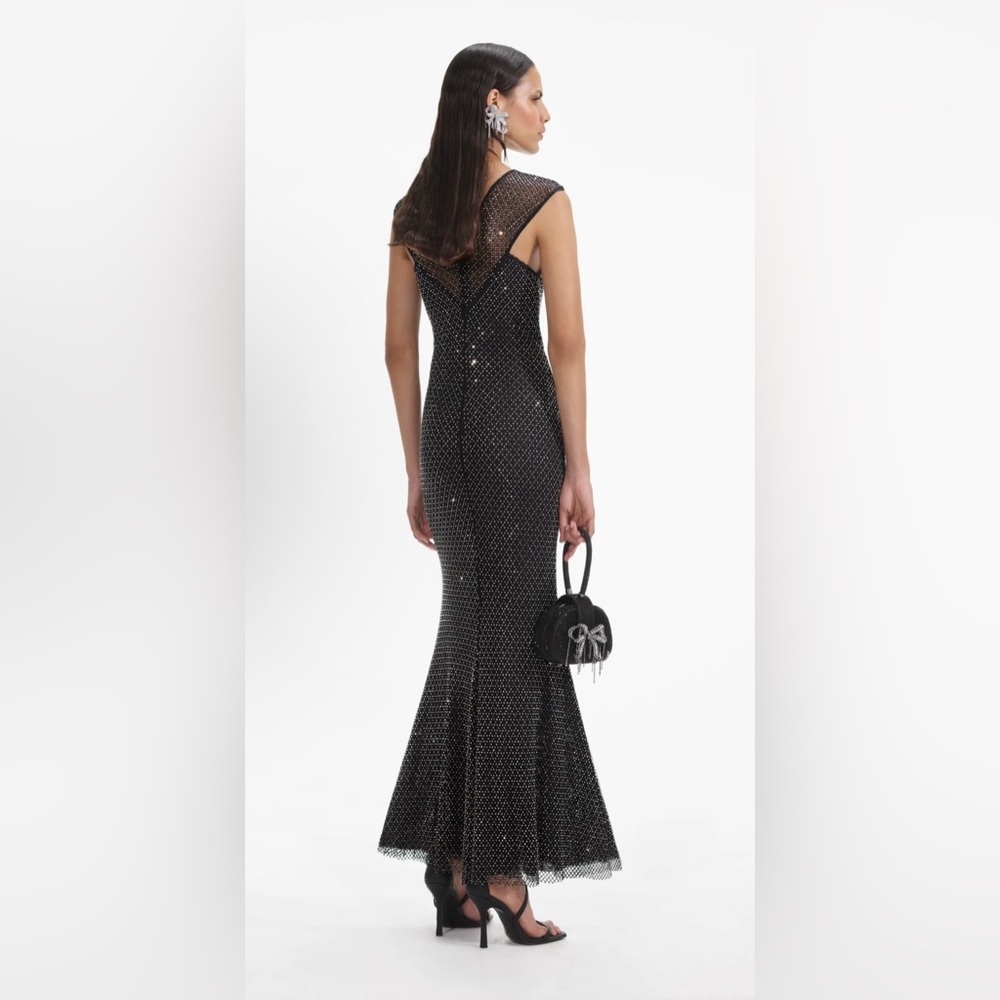 New Self Portrait Black Rhinestone Fishnet Crossover Midi Dress size US 4 - Picture 3 of 17